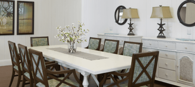 Bright and modern dining area with floral centerpiece