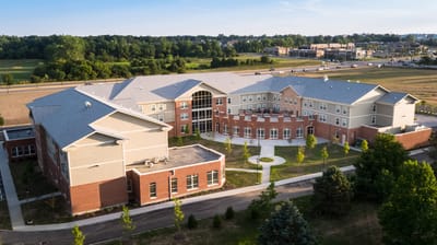Aerial view of a senior living facility building