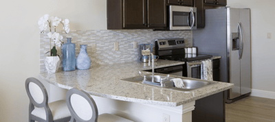 Modern kitchen with granite countertops and appliances