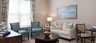 A cozy interior living space with seating and decor