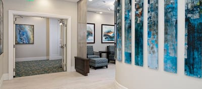 Bright interior of a common area with artwork