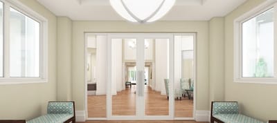 Bright lobby area with seating and natural light
