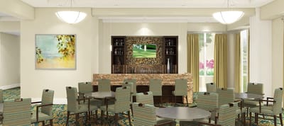 Interior view of a dining area with chairs and tables