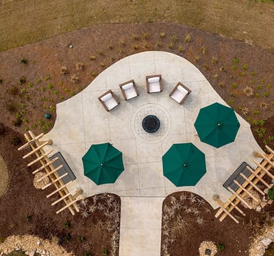 Aerial view of outdoor seating area with umbrellas