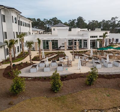 Outdoor common space with seating and landscaping