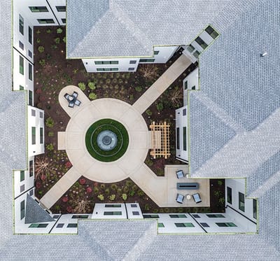 Aerial view of a courtyard with landscaping