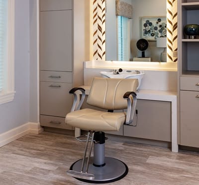 Well-equipped hair salon station in a senior living facility