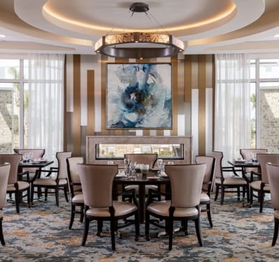 Elegant dining room setup with decorative lighting