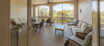 Outdoor seating area with comfortable furniture and views
