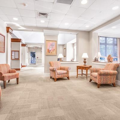 Cozy lounge area in a senior living facility.