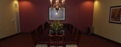 Interior view of a dining room with decorative chandelier