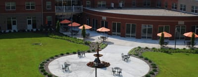 Aerial view of an outdoor courtyard with seating