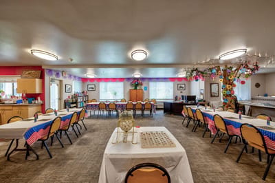 Bright activity room set up for a game event