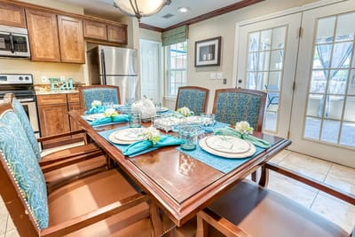 Dining area set up with stylish decorations
