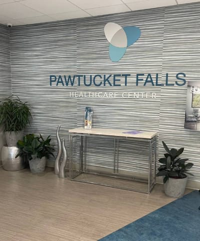 Interior view of the reception area with plants and decor