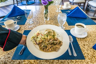 A chef serving a delicious meal in the dining area