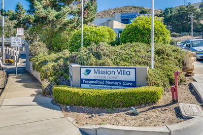 Exterior view of Mission Villa Senior Living sign