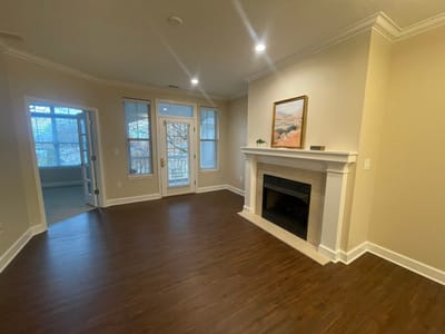 Bright interior of a living space with a fireplace