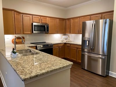 Modern kitchen interior with stainless steel appliances