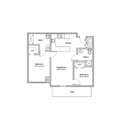 Architectural floor plan of a resident unit with patio