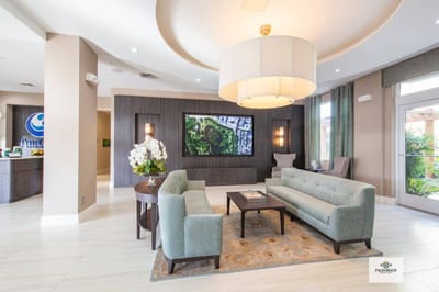 Bright lobby area with comfortable seating