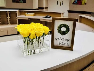 Bright floral arrangement at the reception desk