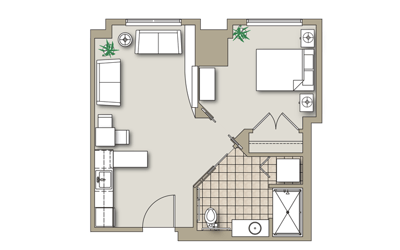 Architectural floor plan of a resident's room