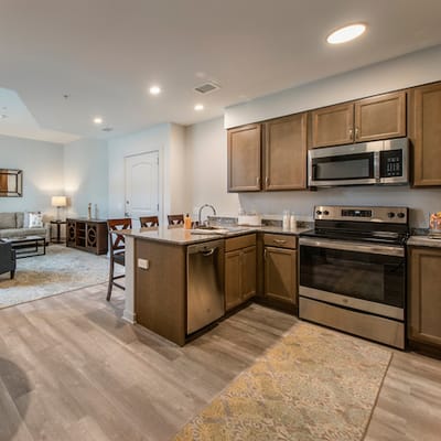 Modern kitchen area in a senior living apartment