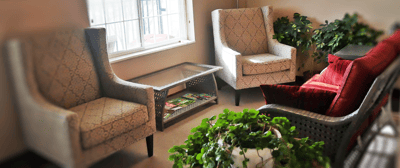Cozy seating area with plants and artwork.