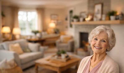 A senior woman smiling in a cozy common area.