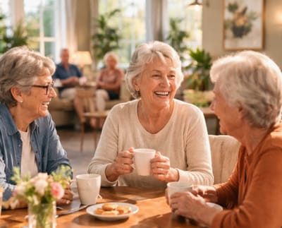 Residents enjoying a social gathering with tea and cookies.