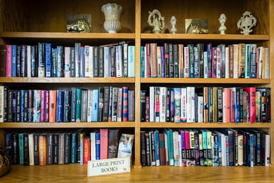 A bookshelf filled with large print books.