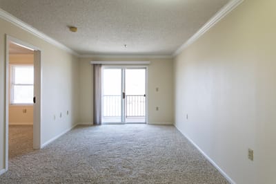Empty room with balcony doors and carpeted floor.