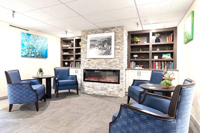 Cozy seating area with bookshelves and fireplace.