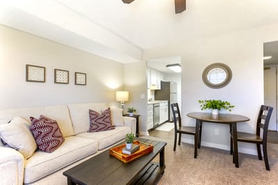 Cozy living space with a sofa and dining table