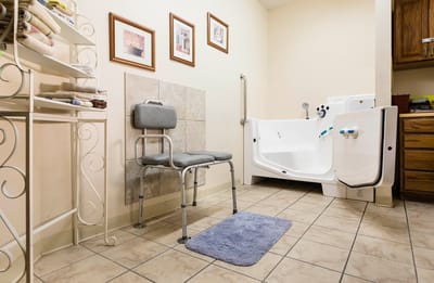 Accessible bathroom with safety features and decor