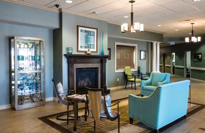 Cozy common area with seating and decorations.