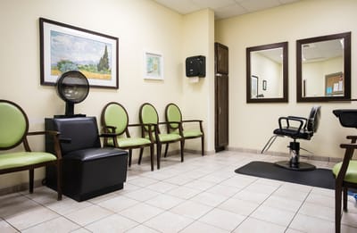 Salon area with seating and styling chair