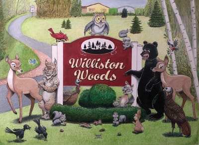 Whimsical sign with forest animals and facility name.