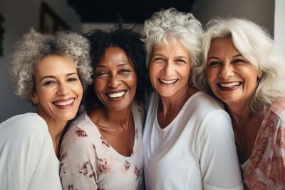 Four smiling women posing together