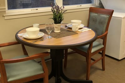 Dining table set ready for a meal.