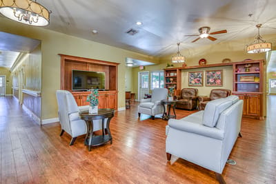 Common area of a senior living facility with comfortable seating