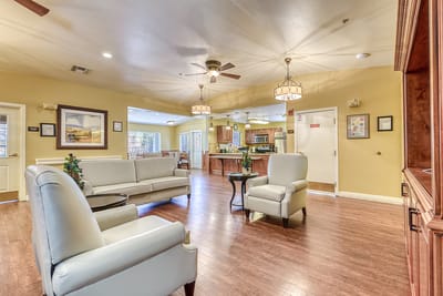 Bright common area with seating and decor