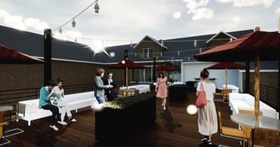 Residents socializing on an outdoor terrace