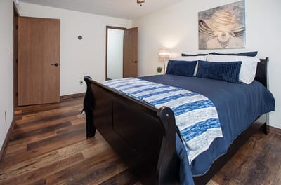A cozy bedroom with a blue-themed decor