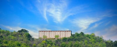 Exterior view of a large building surrounded by greenery.