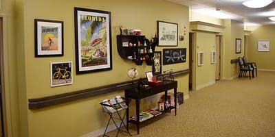 Interior hallway with decorations and seating