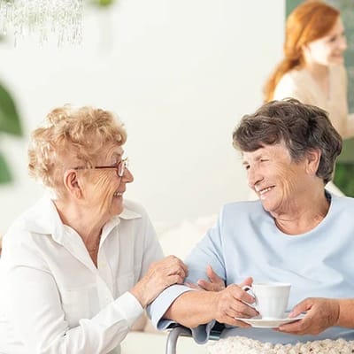 Two elderly women enjoying a conversation together.