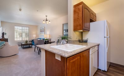 Cozy interior of a resident room with kitchen.
