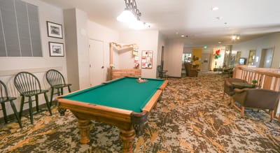 Interior common area with a pool table and seating.